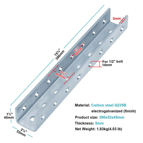 Image of electrogalvanized steel U-shaped splice fitting for 1-5/8 inch strut channel with dimensions and specifications.