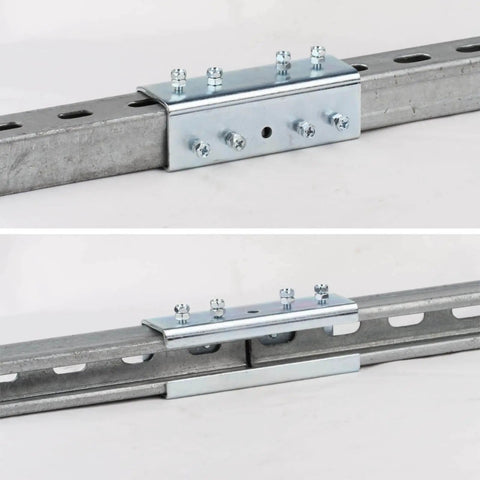 U shaped splice fitting for 1-5/8 inch strut channels, built from 11 gauge electrogalvanized steel, mounted on strut channel