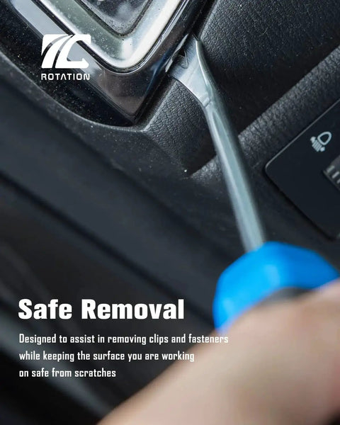 Effortlessly lift tacks and pull nails with a compact U-tip tack lifter in use on car interior panel, durable design visible.