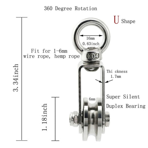 ✝️ U Type Swivel Pulley 304 Stainless Steel Duplex Bearing Detachable 360 Degree Rotation Heavy Duty Traction Wheel dimensions