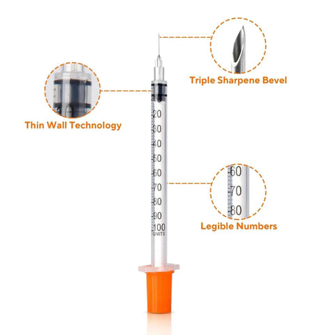 Close-up of 30 Pack U100 Syringes 1Ml 30G 5 Sixteenth Inch Needles, highlighting thin wall technology and legible numbers.