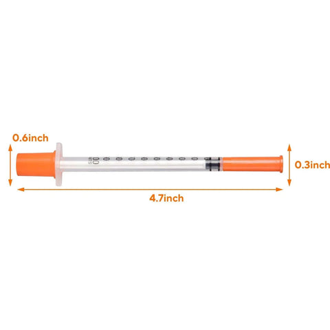 Image of a 30 Pack U100 Syringes 1Ml 30G 5 Sixteenth Inch Needles Disposable Individually Wrapped for Precise Liquid Measurement showing size dimensions.