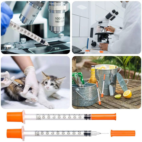 Collage showing 30 Pack U100 Syringes 1Ml 30G 5 Sixteenth Inch Needles in various uses including lab, veterinary, and outdoor settings.