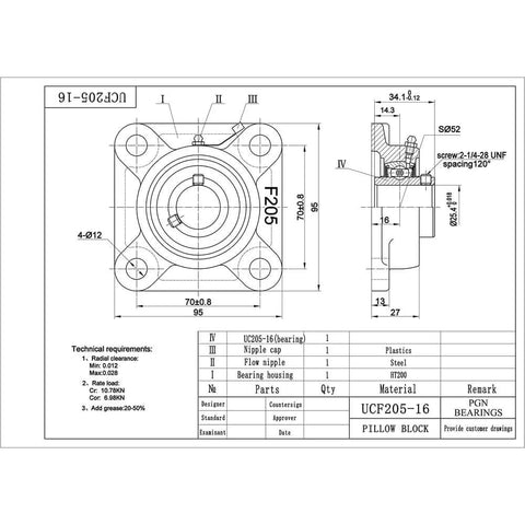Technical drawing of UCF205-16 Pillow Block Bearing, showing dimensions and specifications for square flange and 1" bore.