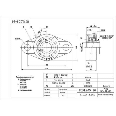 Technical diagram of UCFL205-16 Pillow Block Bearing, dimensions and specifications for flange-mounted chrome steel bearings.