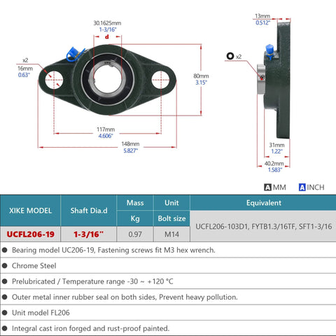Diagram of 2 Pcs UCFL206-19 Bore 1-3/16" Pillow Block Flange Mounted Ball Bearings with solid cast iron base and chrome steel sealed bearings.