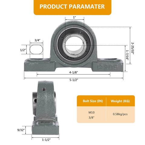 4 Pack UCP205-16 Mounted Pillow Block Ball Bearing, Bearing Steel Bearings 1" Bore with 8 Sets for Installing Bolts and Nuts, diagram view