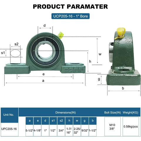 Diagram showing 4 Pack UCP205-16 Pillow Block Mounted Ball Bearing with 1" bore, solid cast iron base, self-aligning, and dimensions.