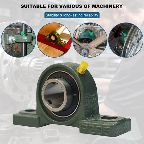 4 Pack UCP205-16 Pillow Block Mounted Ball Bearing - 1" Bore - Solid Cast Iron Base - Self Aligning shown in machinery setup