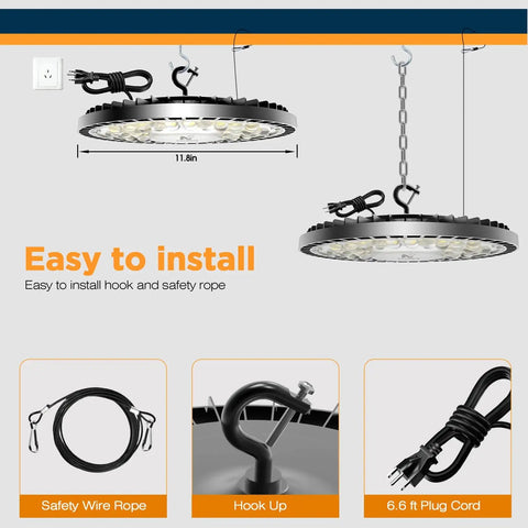 4 Pack 320W UFO High Bay LED Shop Lights With 45000LM, 6500K Daylight, IP65 Waterproof Industrial Lamps with safety wire, hook, and cord