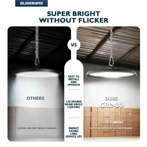 Comparison of UFO LED High Bay Lights 250W 37,500LM 5000K IP65 Waterproof by Glidesync showing brightness and flicker-free performance