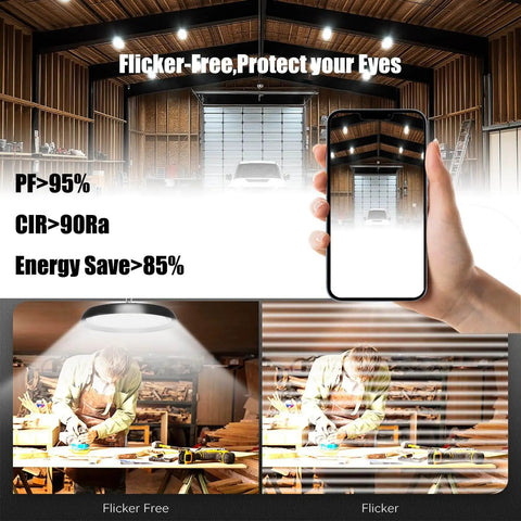 Eight Pack 200W LED High Bay Light UFO Style With 30000 Lumen 6000K Daylight 2000W Equivalent 59 Inch US Plug Cable installed in garage