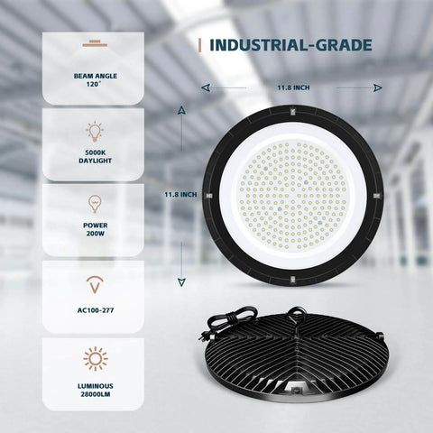 UFO LED High Bay Lights 200W 28,000 Lumens 5000K With US Plug And Five Foot Cable Eight Pack For Warehouse Garage Workshop Factory Lighting AC100 To 277V Built Tough Durable Dustproof Waterproof Pro Grade