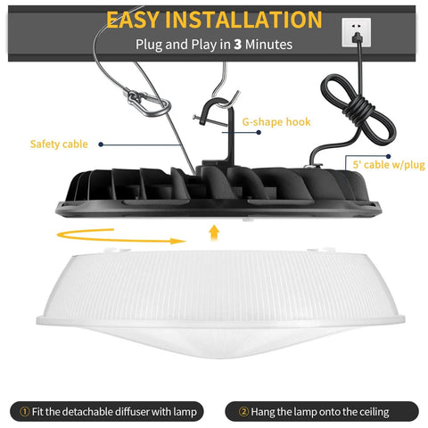 Installation view of Six Pack 155W UFO LED High Bay Lights With Reflector 22500 Lumens 5000K AC110277V 5 Ft Cable With Plug