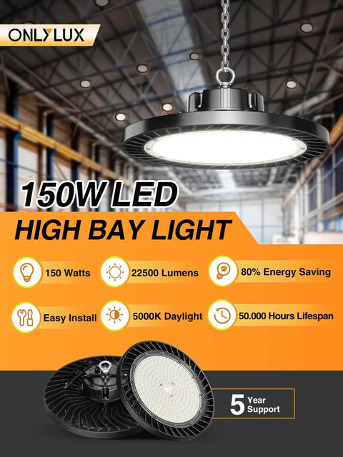 Ultra Bright UFO LED High Bay Lights For Garages And Warehouses 8 Pack 150W 22500 Lumens 5000K Daylight AC 100-277V Plug And Play