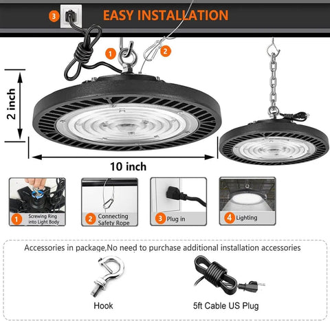 UFO LED High Bay Light 200W 4 Pack With US Plug Cable, 22000 Lumen 6000K Daylight, shown with installation accessories