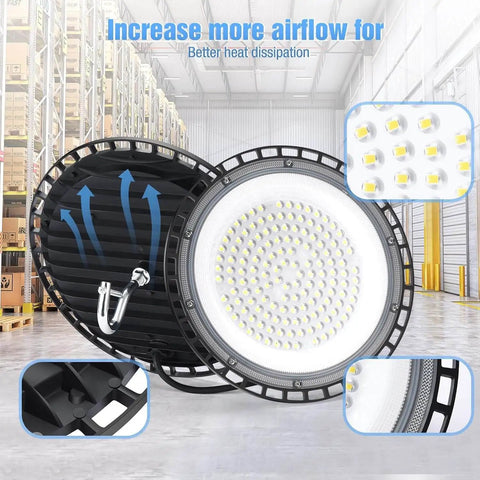 Ultra Bright 12 Pack 240W UFO LED High Bay Lights 120VAC IP66 Waterproof 40000LM 5000K Daylight in warehouse setting