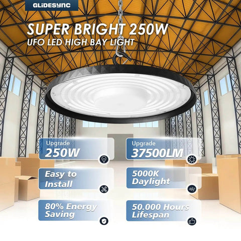 UFO LED High Bay Lights 250W 37,500LM 5000K IP65 Waterproof With US Plug For Garage Warehouse Workshop Gym Pack Of 20 Mega Bright Energy Saving Lighting By Glidesync
