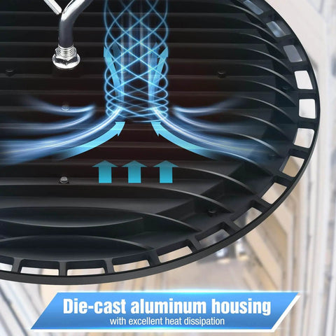 Ultra Bright 12 Pack 240W UFO LED High Bay Lights with die-cast aluminum housing and heat dissipation illustration