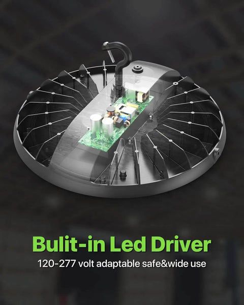 Close-up of 200W UFO LED High Bay Light with built-in LED driver for 120-277V IP65 waterproof use by Glitgate