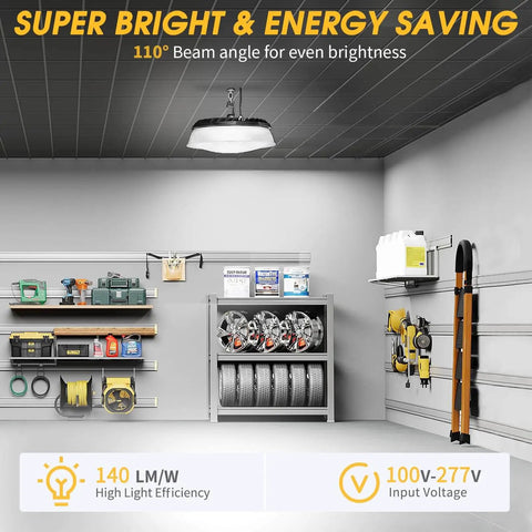 Installed Six Pack 155W UFO LED High Bay Lights With Reflector 22500 Lumens 5000K AC110277V in garage setting
