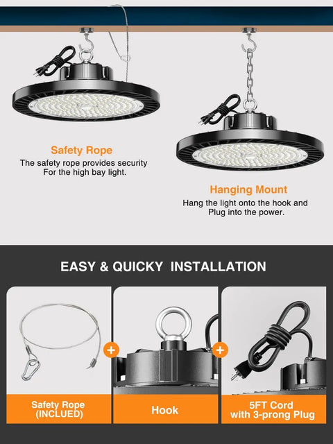Ultra Bright UFO LED High Bay Lights For Garages And Warehouses 8 Pack 150W 22500 Lumens 5000K Daylight AC 100-277V Plug And Play With 5ft US Plug Cable ONLYLUX installation guide, showing safety rope, hook, and 5ft cord features.