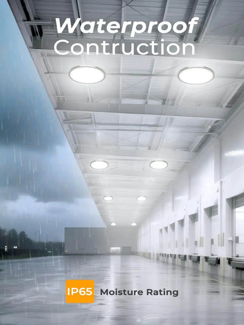 UFO LED High Bay Lights 200W 30,000LM Ultra Bright Energy Saving Industrial Shop Lights illuminating a high-ceiling warehouse
