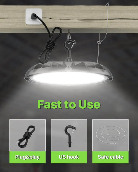 200W UFO LED High Bay Light 6 Pack Beast Bright 30,000 Lumens at 150 Lumens Per Watt installed with hook and cable