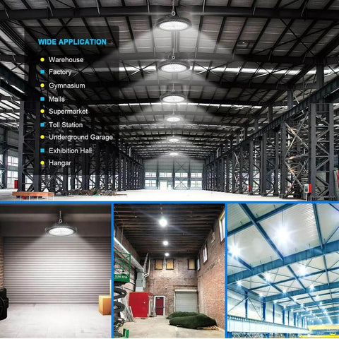 UFO LED High Bay Light 200W 4 Pack With US Plug Cable, 22000 Lumen 6000K Daylight installed in a large industrial warehouse.
