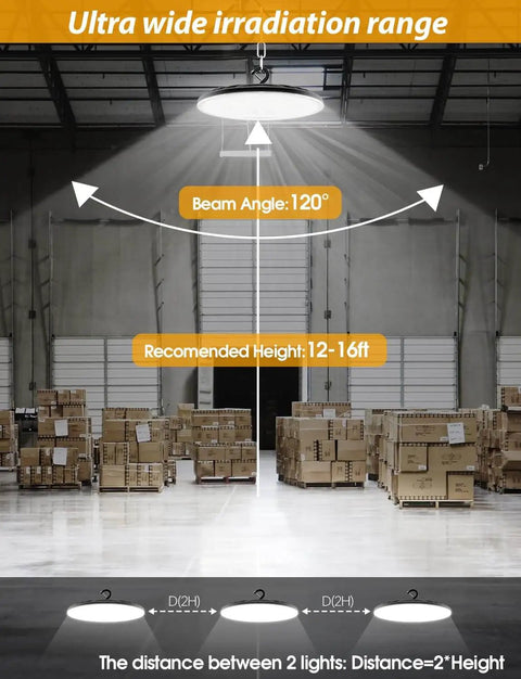 Install view showing Four Pack 350W UFO High Bay LED Shop Lights For Industrial Spaces lighting warehouse with boxes
