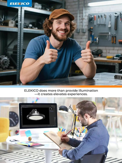 Two men in workshop with "ELEKICO" brand, one giving thumbs up, another sketching under bright lighting.