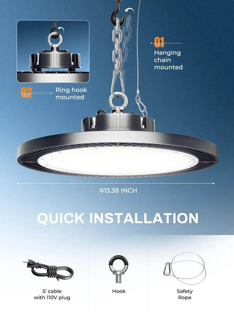 Ultra Bright 200W UFO LED High Bay Light With 5000K Daylight And 30000LM, 5ft Hanging Cable Hook, installation shown