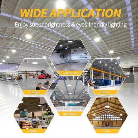 Six Pack 155W UFO LED High Bay Lights With Reflector 22500 Lumens 5000K AC110277V 5 Ft Cable With Plug applications shown