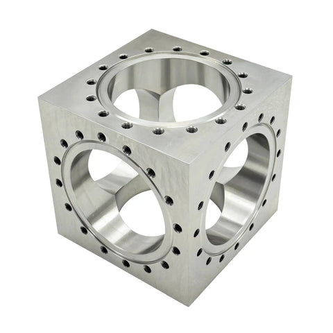 Six Channel UHV Cube Flange in 304 stainless steel with 101.6mm bore and sixteen M8 bolt holes, conflat style for vacuum systems by INTSUPERMAI