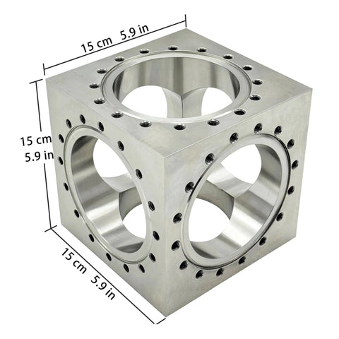 Six Channel UHV Cube Flange in 304 stainless steel with 101.6mm bore and sixteen M8 bolt holes for complex vacuum chamber layouts, conflat style.