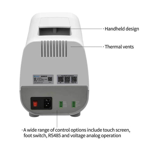 Back view of UIP WIFI E affordable intelligent high flow peristaltic pump showing thermal vents and control options.