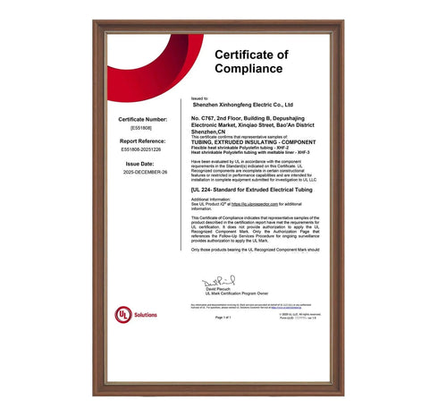 Framed UL Listed certificate of compliance for tubing, showcasing compliance details and company information.
