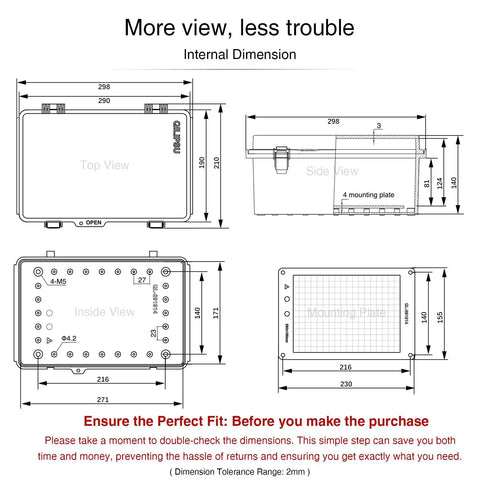 Technical diagram of UL94 V0 Outdoor Electrical Box 11.4 x 7.5 x 5.5 Inches showing internal dimensions and design specifics.