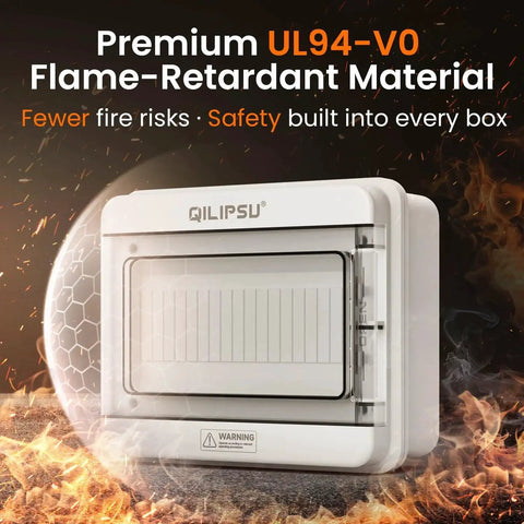 9 Way DIN Rail Circuit Breaker Box With UL94 V0 PC ABS Enclosure featuring flame-retardant material on a fiery background