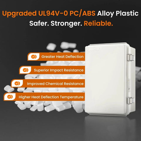 UL94 V0 Outdoor Electrical Box 11.4 x 7.5 x 5.5 Inches Pro Waterproof Weatherproof Junction Enclosure Constructed From PC ABS Alloy Plastic With Grey Hinged Door IP67 Construction For Harsh Exterior Environments highlighted with benefits.