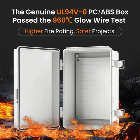 Open UL94 V0 Outdoor Electrical Box 11.4 x 7.5 x 5.5 Inches Pro Waterproof Weatherproof Junction Enclosure, fire-safe PC/ABS alloy.