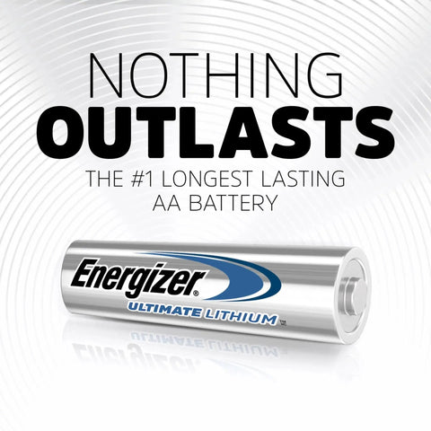 Energizer Ultimate Lithium AA battery with text highlighting durability and longevity for cameras and smart home devices.