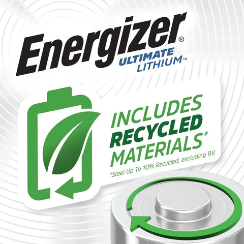 Close-up of Energizer Ultimate Lithium battery with recycled materials logo, highlighting eco-friendly aspect.