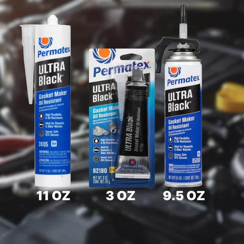Ultra Black Maximum Oil Resistant RTV Silicone Gasket Maker bottles in 11 oz, 3 oz, and 9.5 oz for heavy duty applications.