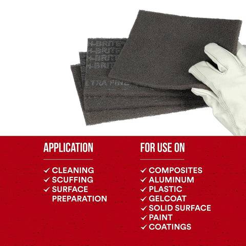 Gloved hand holding Ultra Fine Hand Pad 6 X 9 Inch Nonwoven Silicon Carbide for Surface Prep, showing application uses.