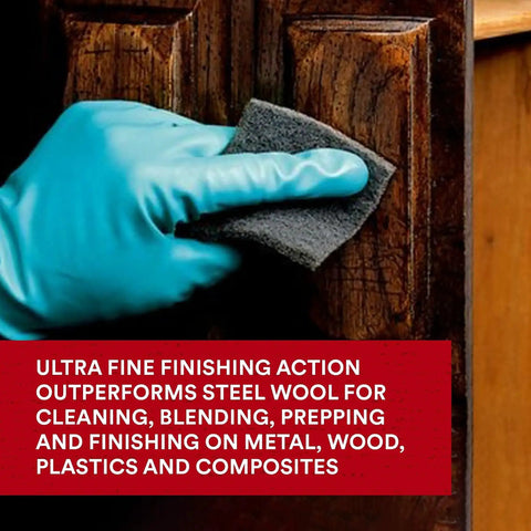 Hand using Ultra Fine Hand Pads 6x9 Nonwoven Silicon Carbide for surface prep on wood