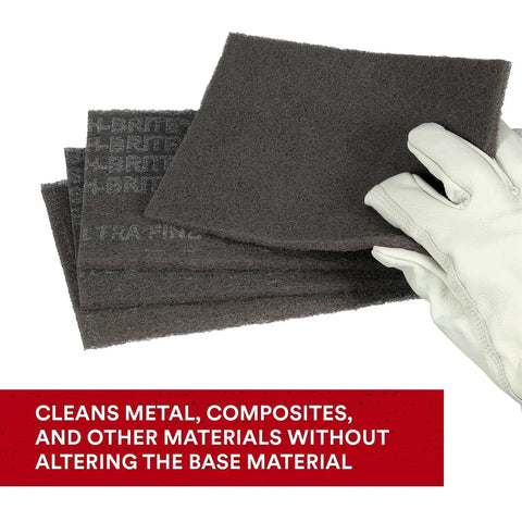 Gloved hand holding Ultra Fine Hand Pads 6x9 Nonwoven Silicon Carbide for Surface Prep next to cleaning features text.