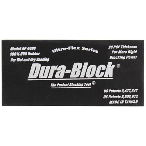Label of Ultra-Flex 5.6 Inch Sanding Block Holder Pad, EVA rubber, for wet and dry sandpaper, showing features and patents.