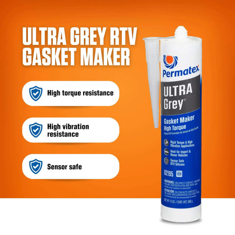 Ultra Gray Rigid High Torque RTV Silicone Gasket Maker 13 Oz Pack Of 6 Engine Sealant bottle front with benefits listed.