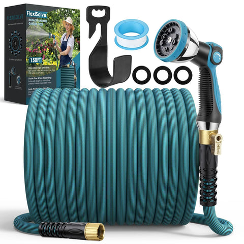 FlexiSolve non-expandable garden hose, 150 ft blue hose with 10-pattern spray nozzle and holder